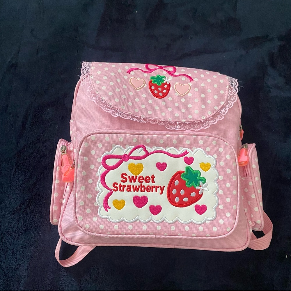 Pink Polka Dot Strawberry detail Backpack for Kids